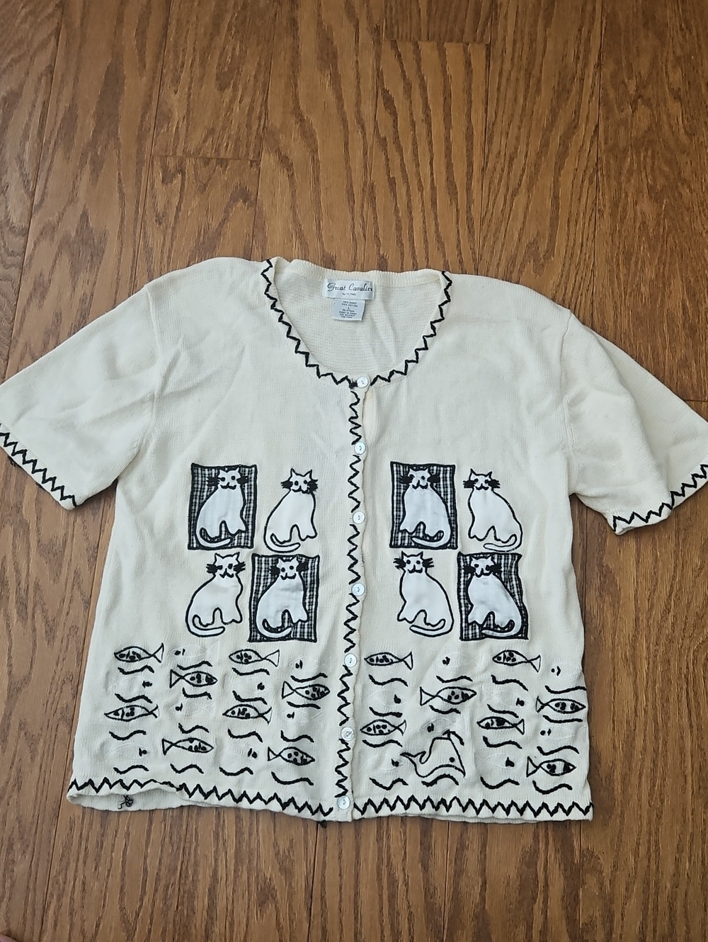 Vintage 90 Great Cavalier Cat Fish Art to Wear Cardigan Embroidered Large
